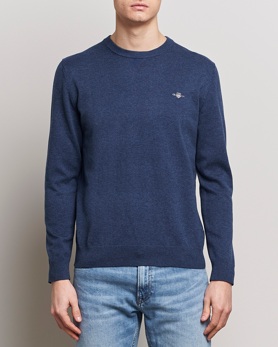 Men | Sweaters & Knitwear | GANT | Classic Cotton Crew Neck Dark Jeans Blue Melange