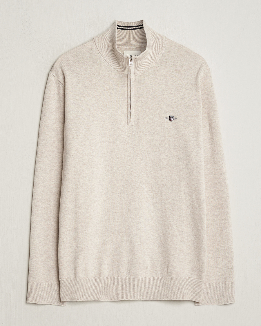 Men | Sweaters & Knitwear | GANT | Classic Cotton Half Zip Light Beige Melange