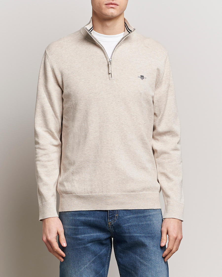 Men | Sweaters & Knitwear | GANT | Classic Cotton Half Zip Light Beige Melange