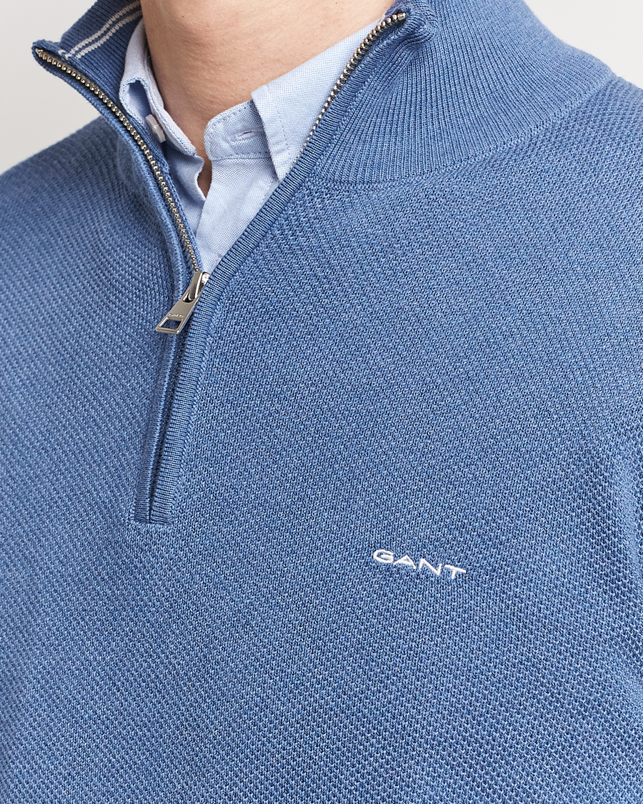 Men | Sweaters & Knitwear | GANT | Cotton Pique Half-Zip Sweater Denim Blue Melange