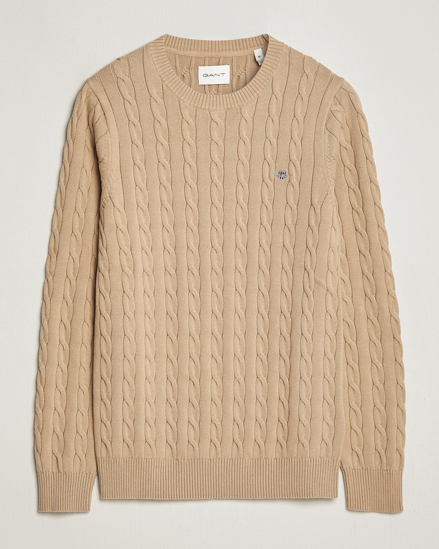Men | Sweaters & Knitwear | GANT | Cotton Cable Crew Neck Pullover Dark Khaki