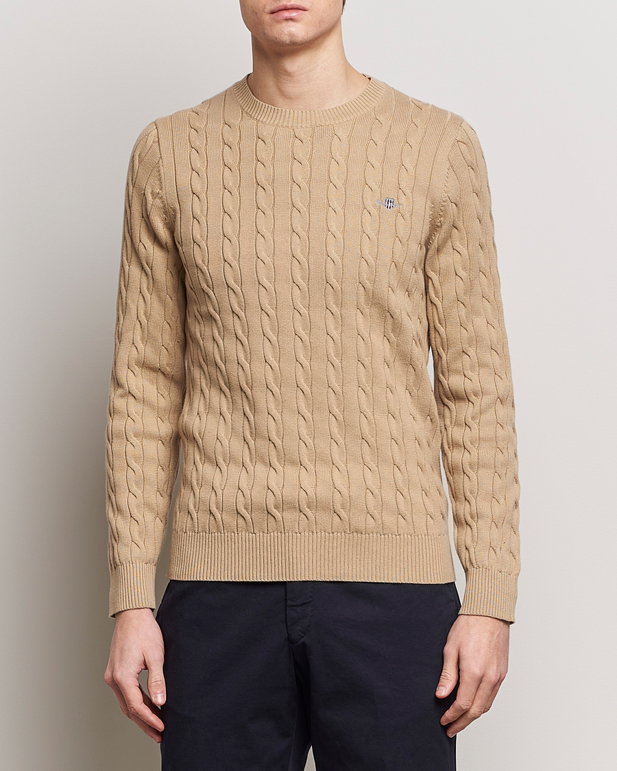 Men | Sweaters & Knitwear | GANT | Cotton Cable Crew Neck Pullover Dark Khaki
