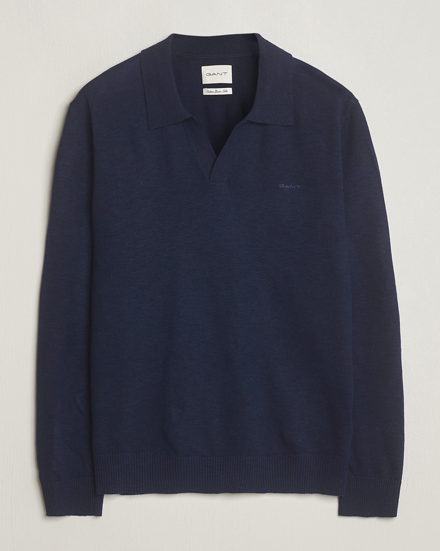 Men | Sweaters & Knitwear | GANT | Cotton/Linen Knitted Polo Evening Blue