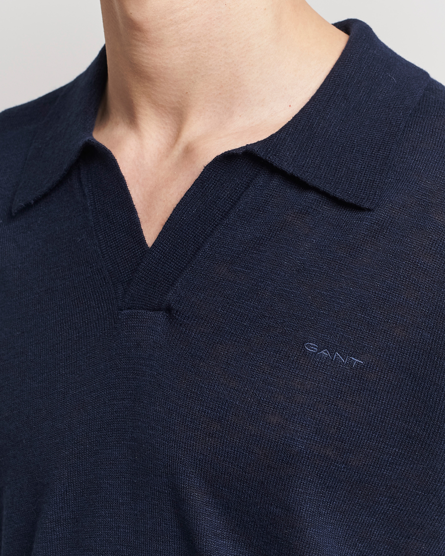 Men | Sweaters & Knitwear | GANT | Cotton/Linen Knitted Polo Evening Blue