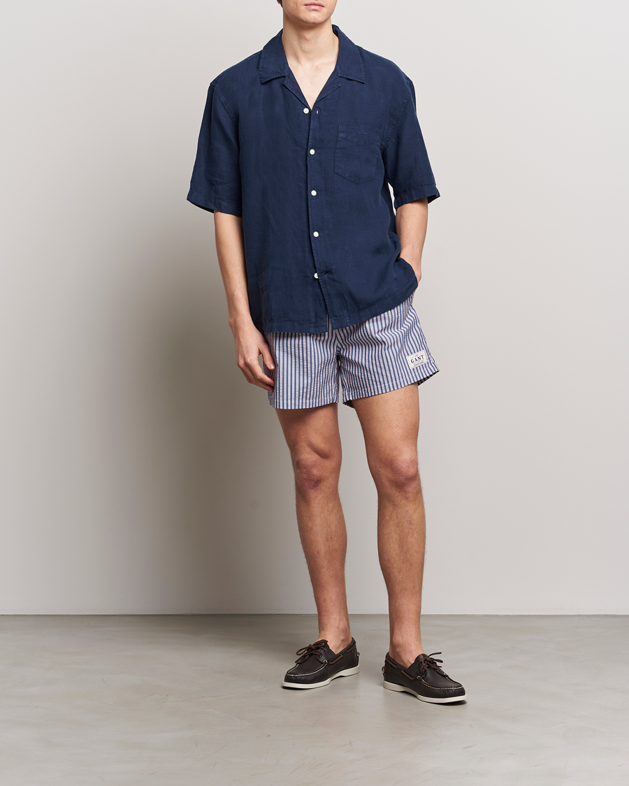 Men | Swimwear | Gant | Striped Seersucker Swimshorts Deep Blue