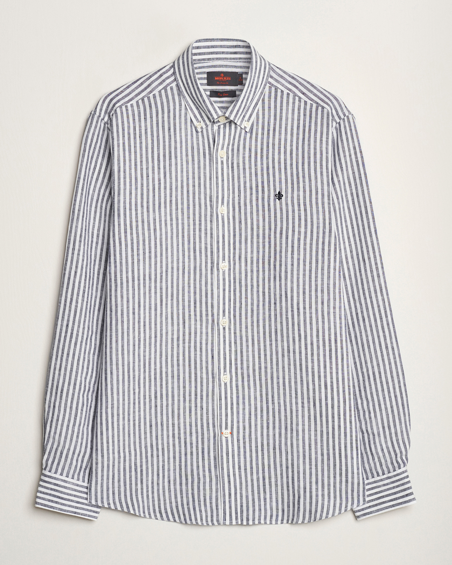 Men | Shirts | Morris | Douglas Linen Stripe Shirt Navy