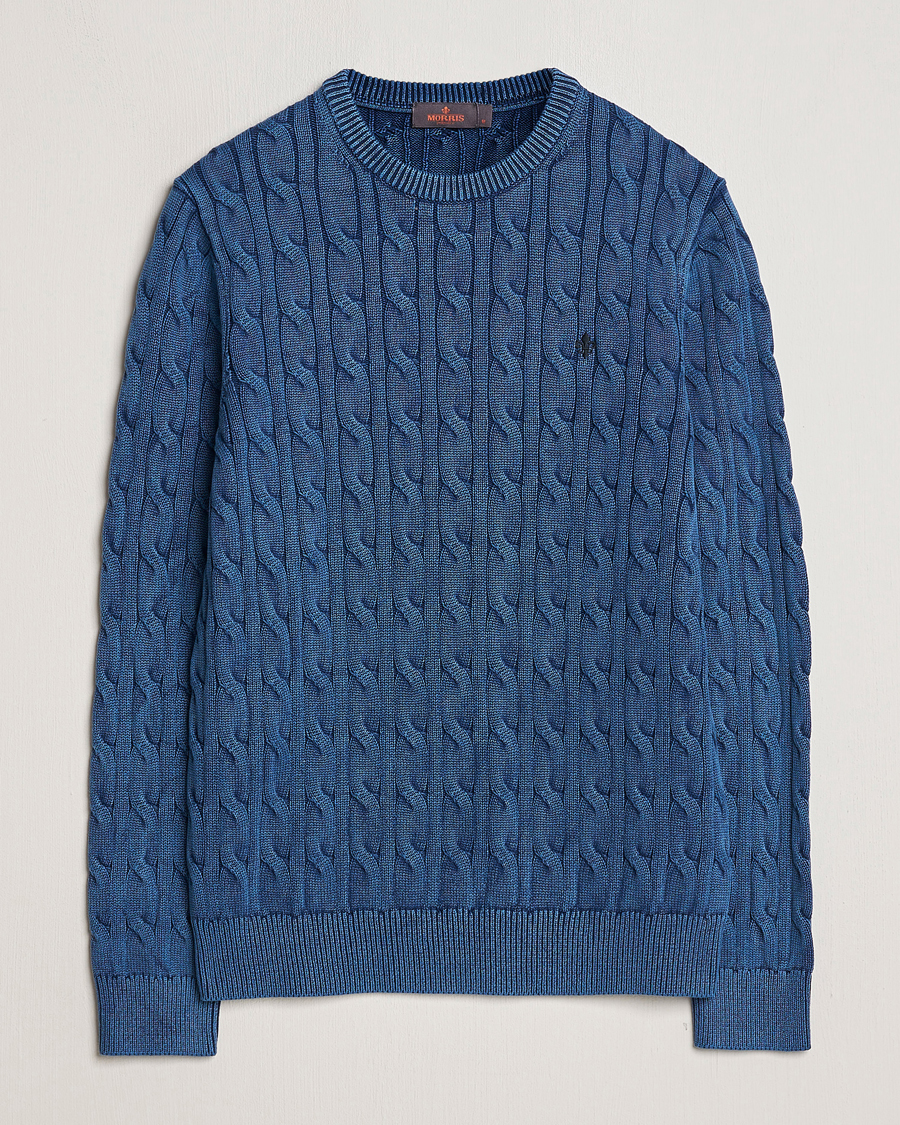 Men | Sweaters & Knitwear | Morris | Ethan Cotton Cable Crew Neck Blue