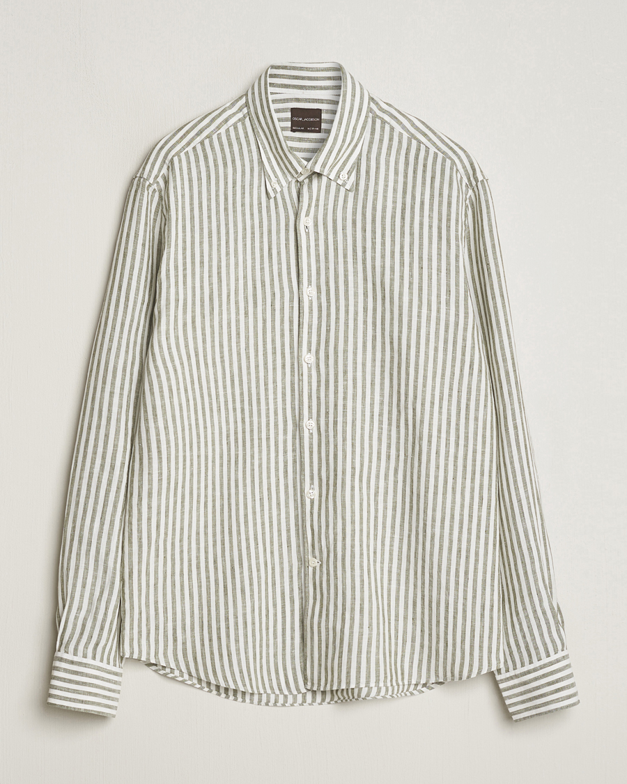 Men | Shirts | Oscar Jacobson | Regular Fit Dress Stripe Linen Shirt Green