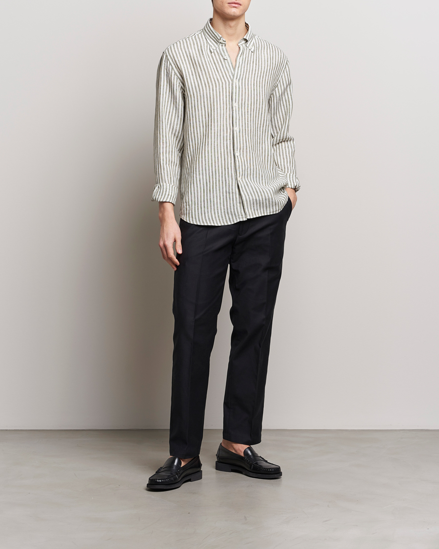 Men | Shirts | Oscar Jacobson | Regular Fit Dress Stripe Linen Shirt Green
