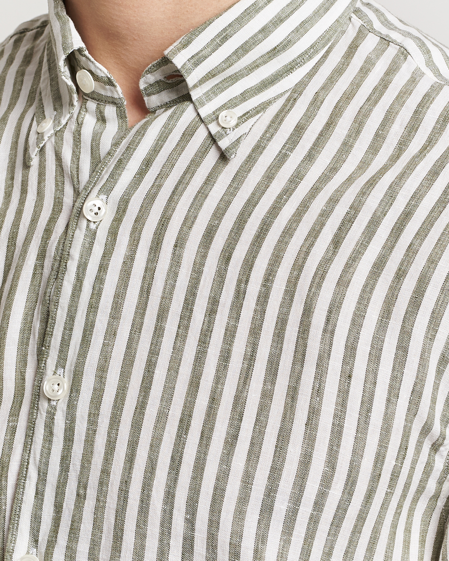 Men | Shirts | Oscar Jacobson | Regular Fit Dress Stripe Linen Shirt Green