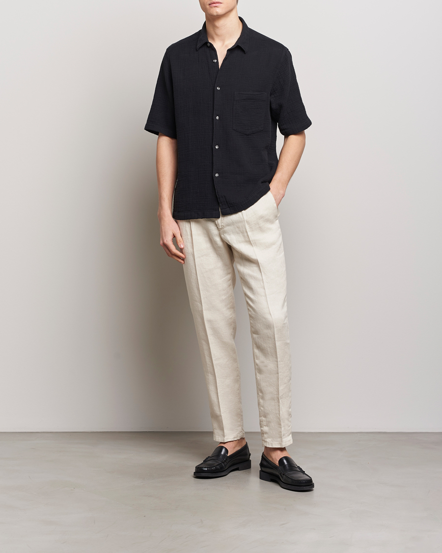 Men | Shirts | Oscar Jacobson | Short Sleeve City Crepe Cotton Shirt Black