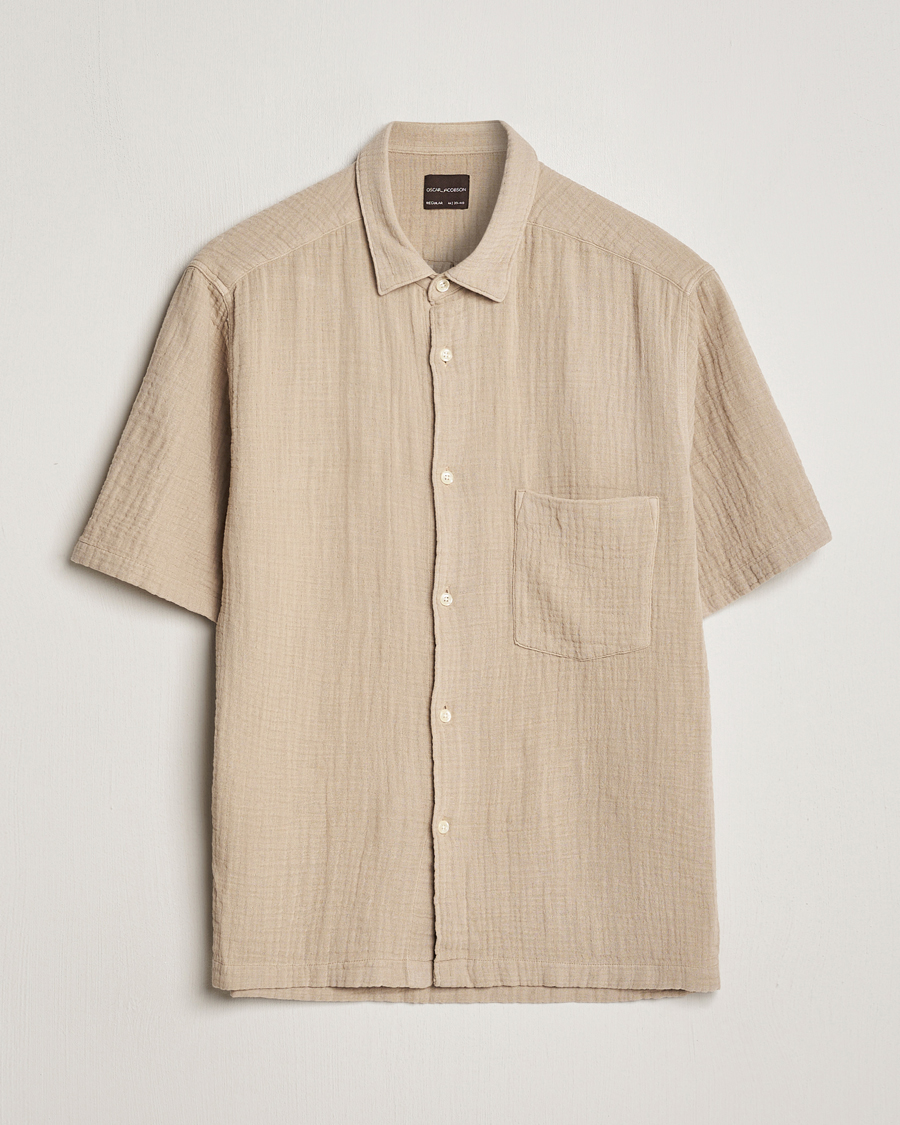 Men | Shirts | Oscar Jacobson | Short Sleeve City Crepe Cotton Shirt Beige