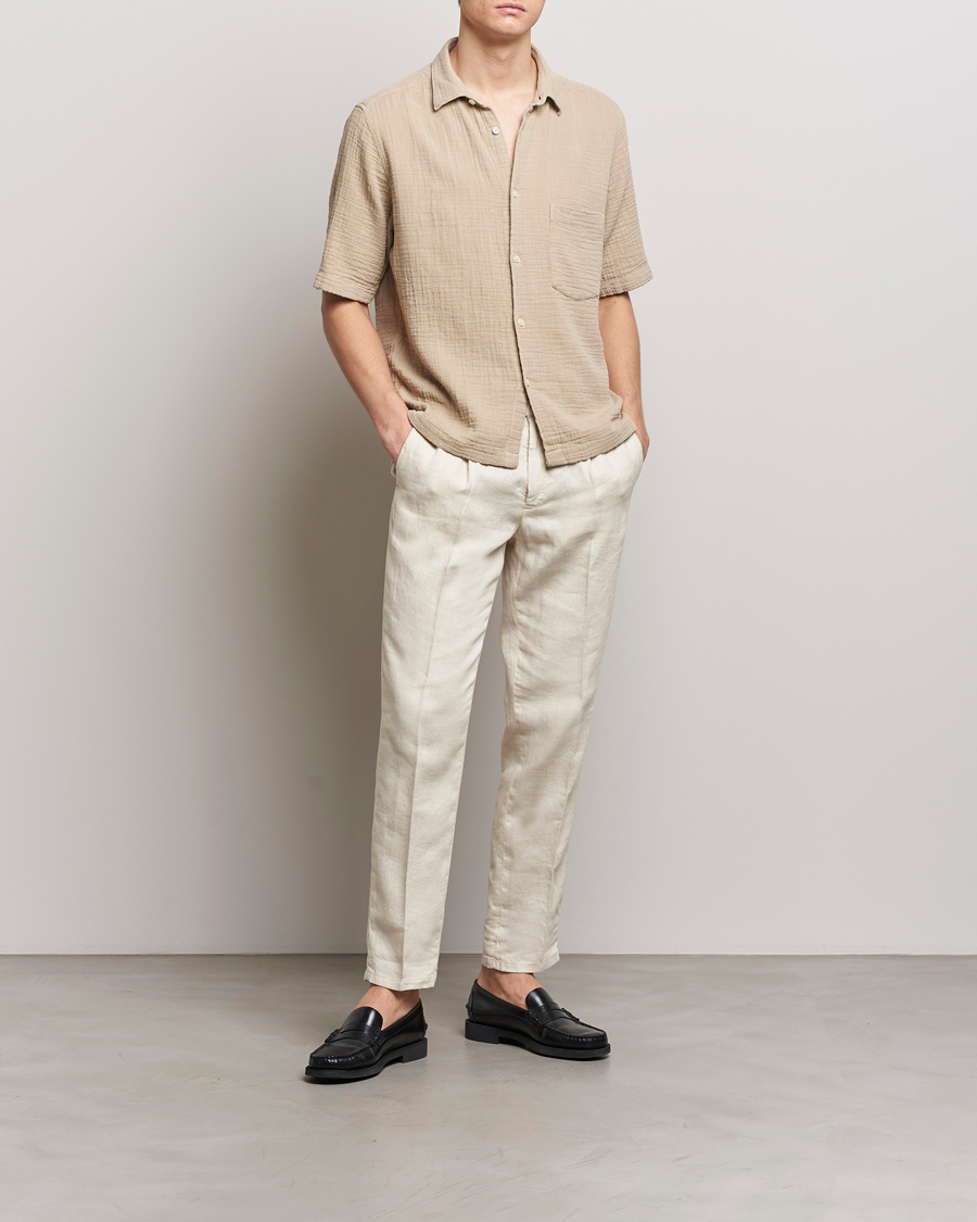 Men | Shirts | Oscar Jacobson | Short Sleeve City Crepe Cotton Shirt Beige