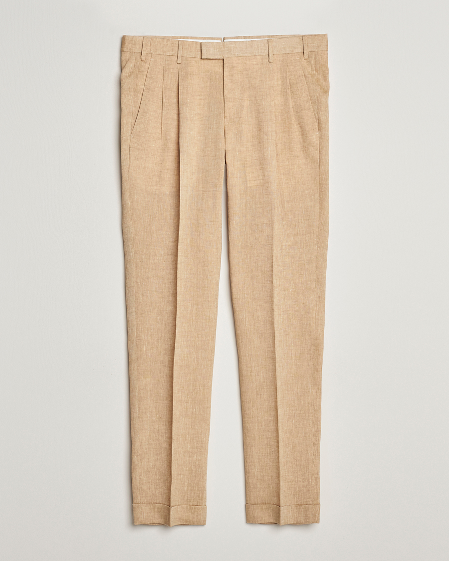 Men | Trousers | PT01 | Slim Fit Pleated Linen Trousers Light Beige