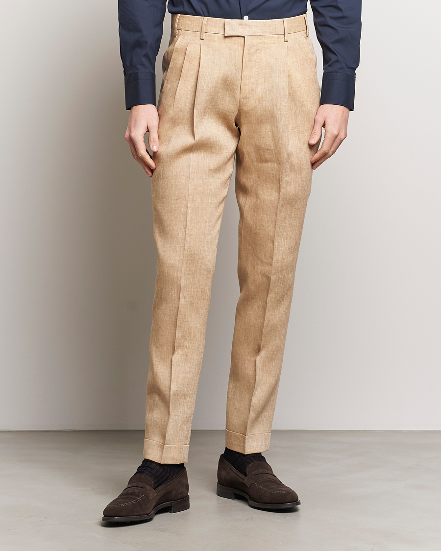 Men | Trousers | PT01 | Slim Fit Pleated Linen Trousers Light Beige