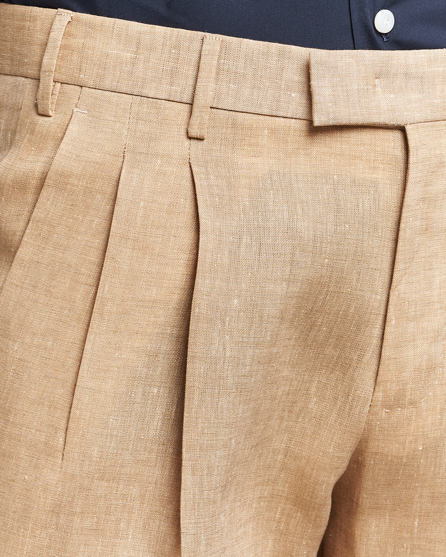 Men | Trousers | PT01 | Slim Fit Pleated Linen Trousers Light Beige