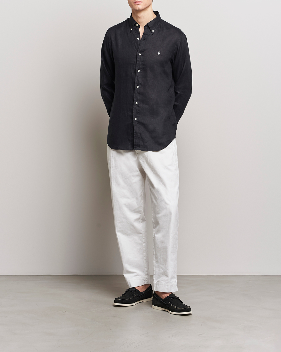Men | Shirts | Polo Ralph Lauren | Custom Fit Linen Button Down Polo Black
