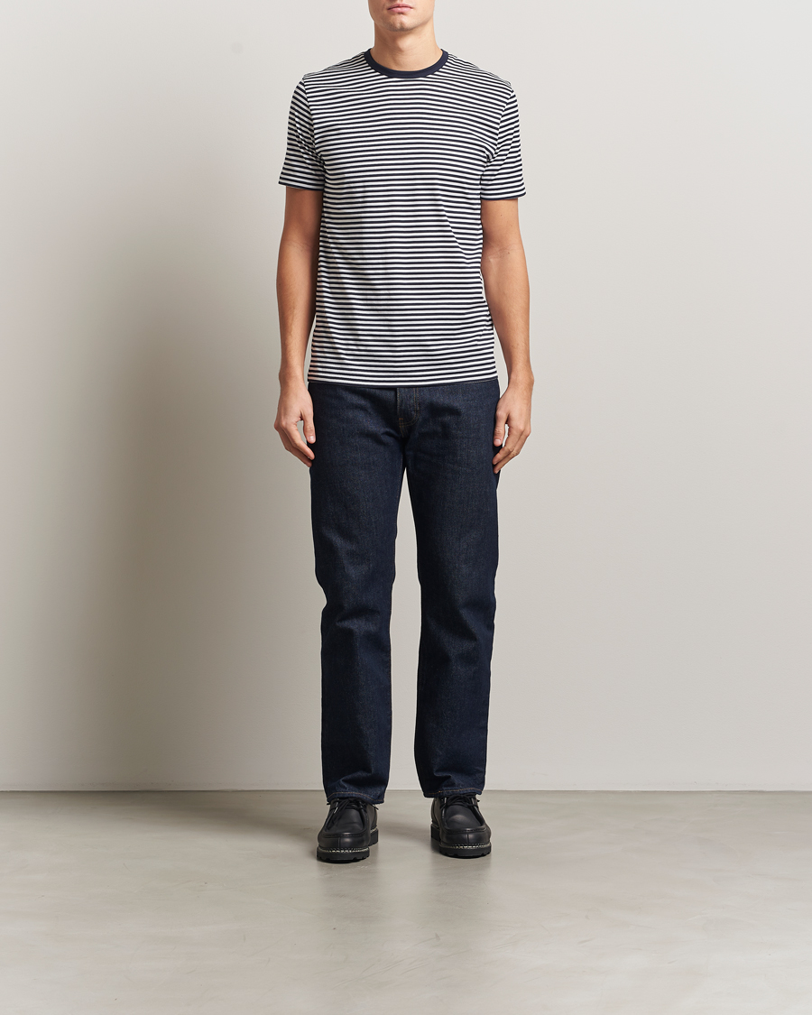 Men | T-Shirts | Sunspel | Striped Crew Neck Q82 Cotton T-Shirt White/Navy