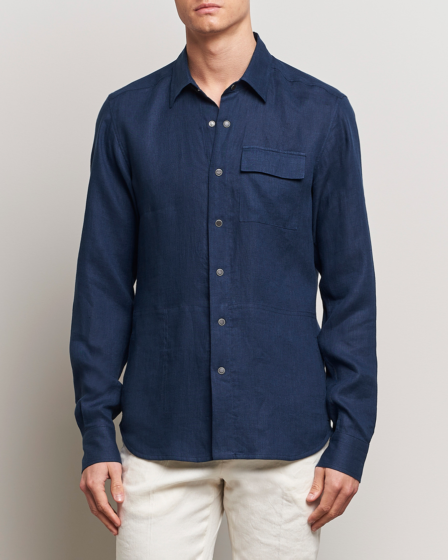 Men | Shirts | Kiton | Pure Linen Overshirt Dark Blue