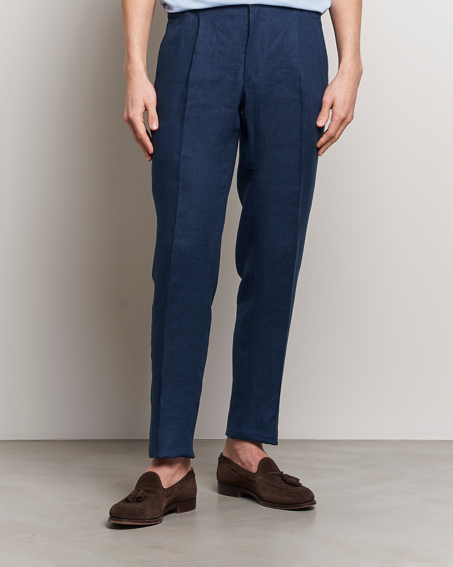 Men | Trousers | Kiton | Pure Linen Drawstring Trousers Dark Blue