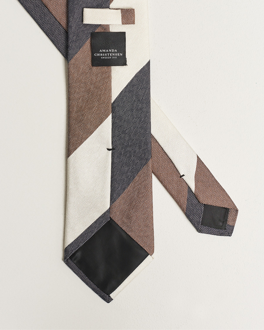 Men | Amanda Christensen Silk Bouclé Block Striped 8cm Tie White/Blue/Brown | Amanda Christensen | Silk Bouclé Block Striped 8cm Tie White/Blue/Brown