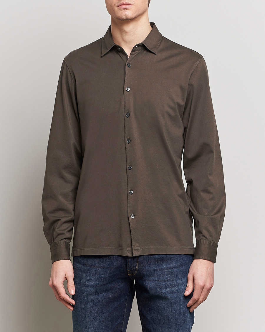 Men | Shirts | Gran Sasso | Washed Cotton Jersey Shirt Dark Brown