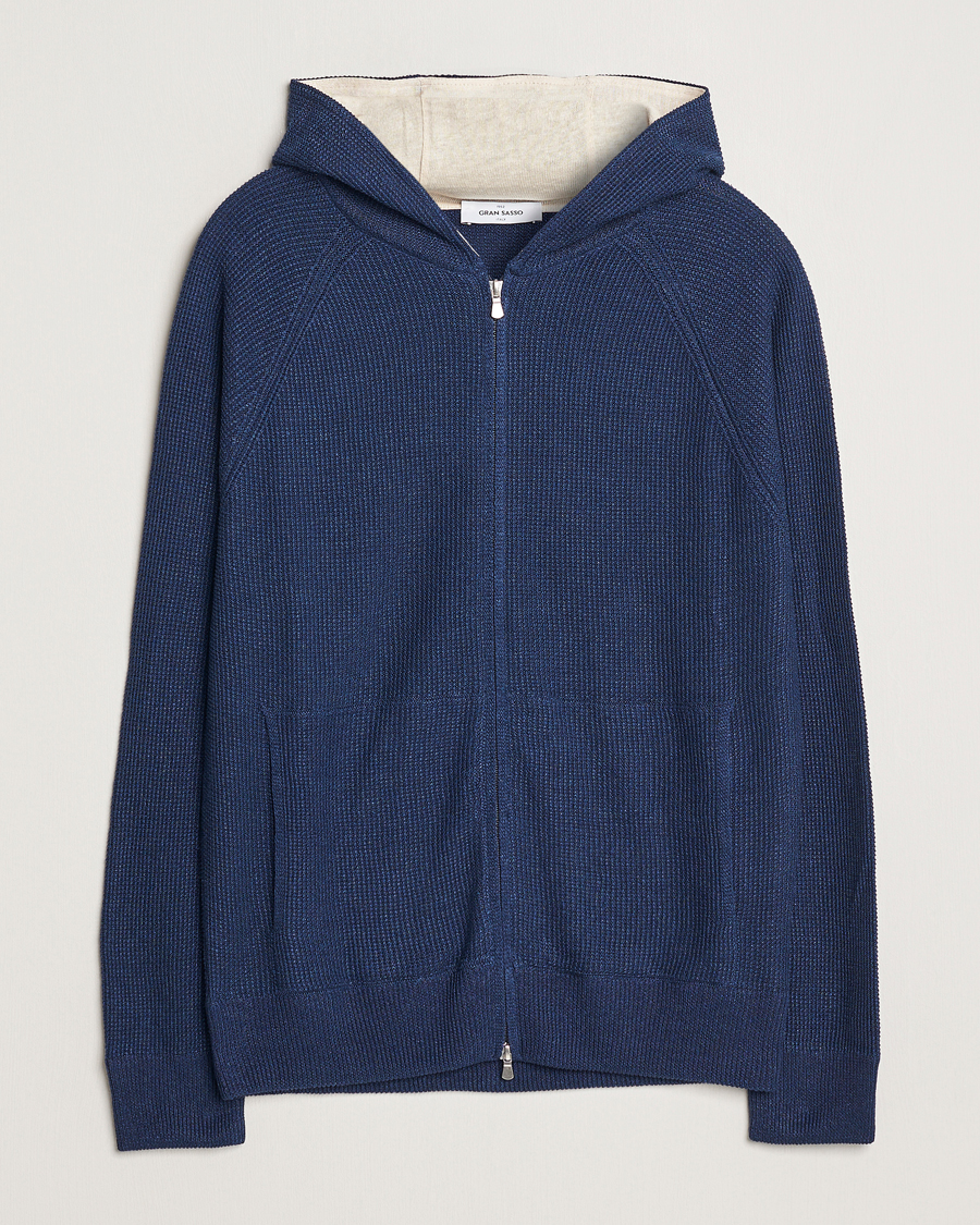 Men | Sweaters & Knitwear | Gran Sasso | Linen/Cotton Knitted Hooded Full Zip Navy
