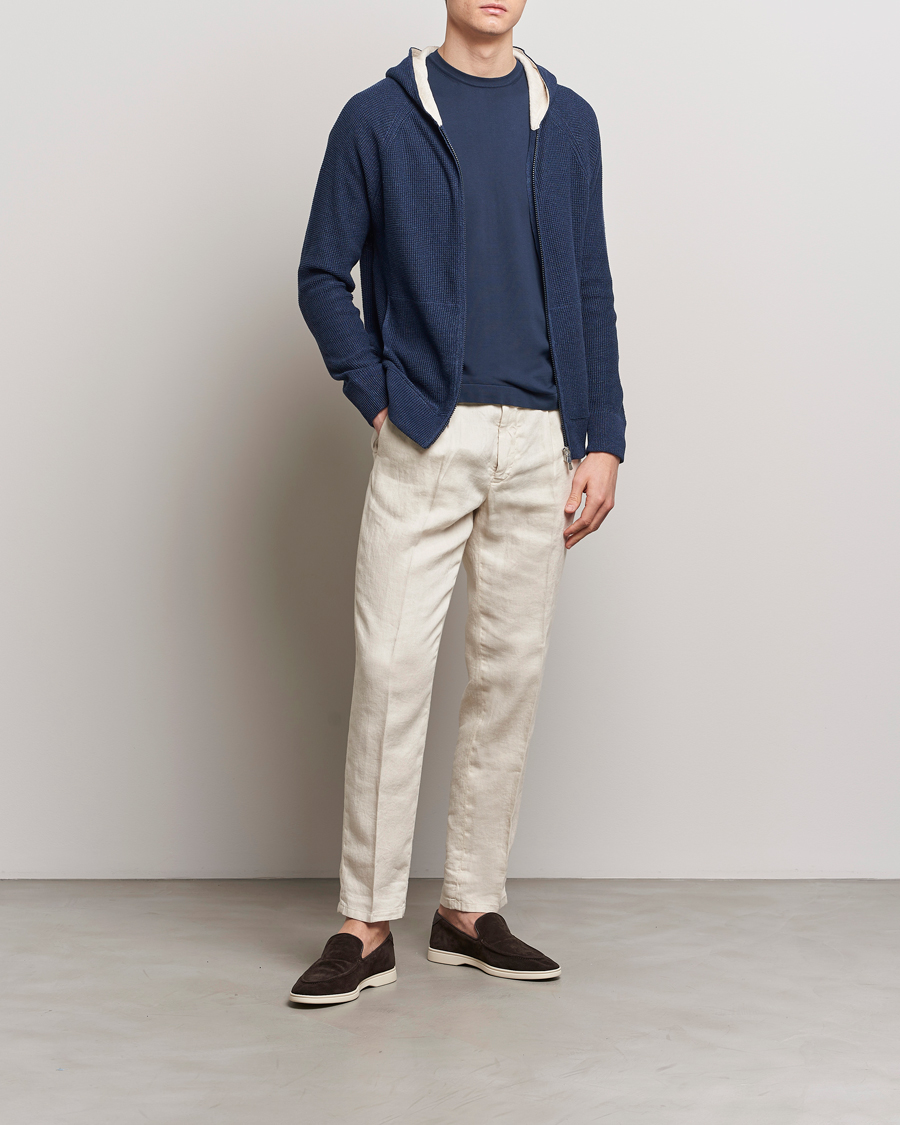 Men | Sweaters & Knitwear | Gran Sasso | Linen/Cotton Knitted Hooded Full Zip Navy
