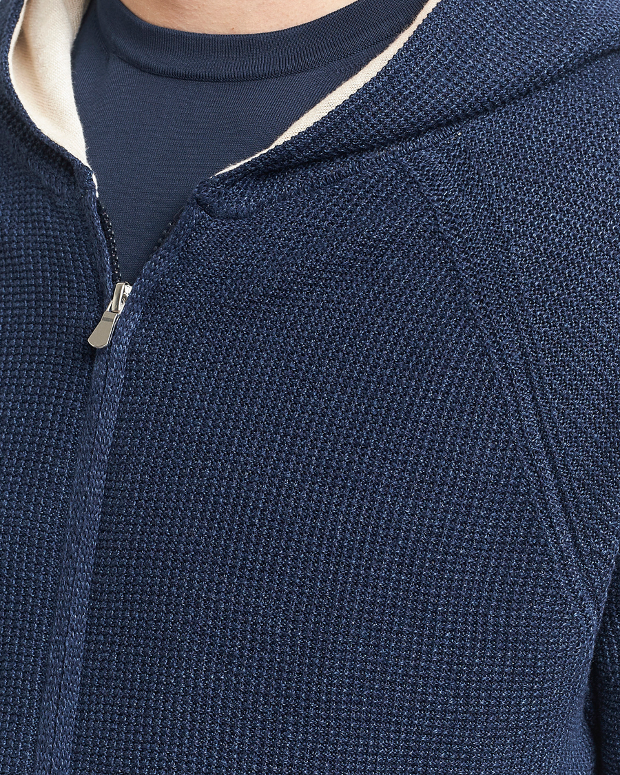 Men | Sweaters & Knitwear | Gran Sasso | Linen/Cotton Knitted Hooded Full Zip Navy