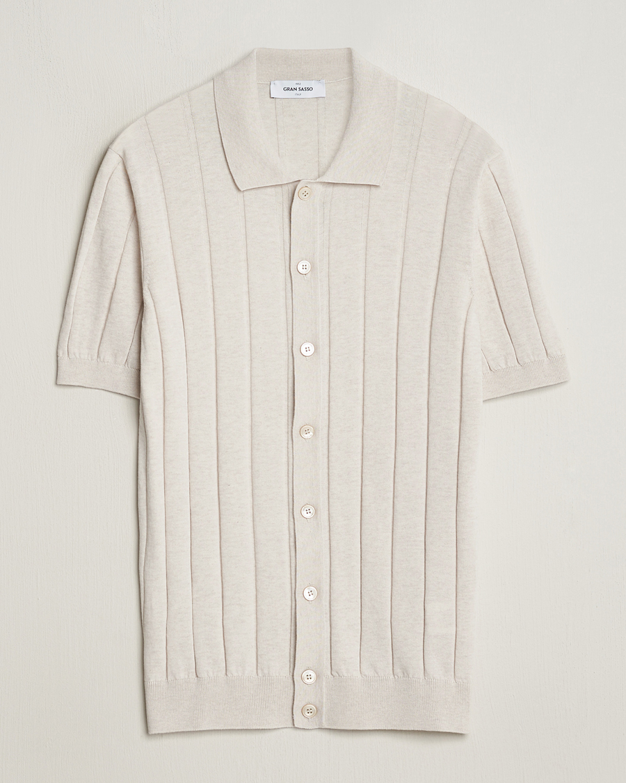 Men | Shirts | Gran Sasso | Cotton Ribbed Knitted Resort Shirt Light Beige