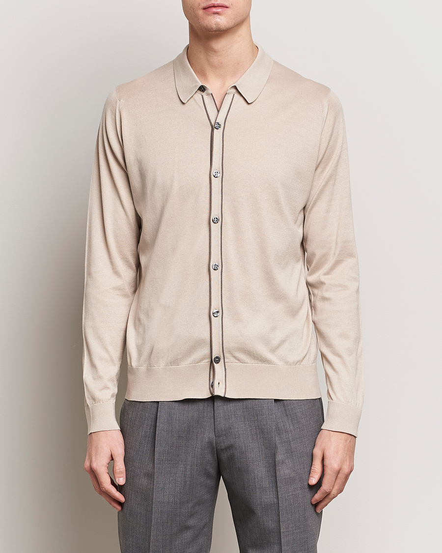 Men | Sweaters & Knitwear | John Smedley | Shadow Tipped Sea Island Cotton Cardigan Almond
