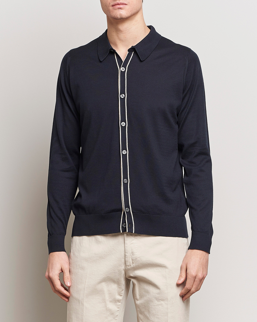 Men | Sweaters & Knitwear | John Smedley | Shadow Tipped Sea Island Cotton Cardigan Navy