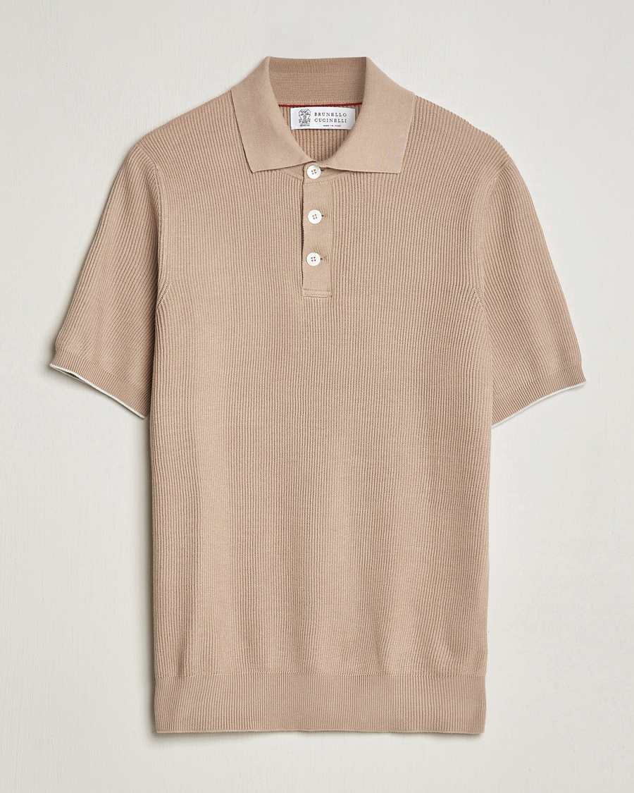 Men | Polo Shirts | Brunello Cucinelli | Rib Stitch Knitted Polo Beige