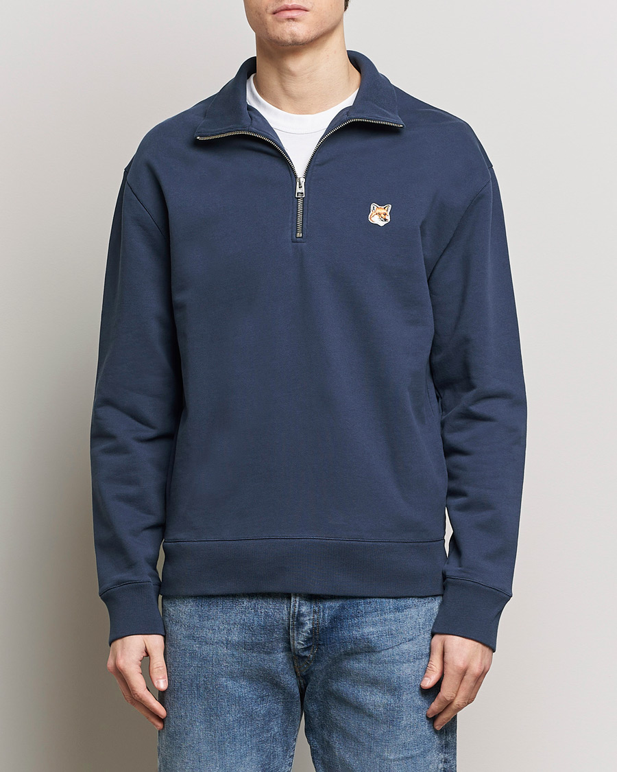 Men | Sweaters & Knitwear | Maison Kitsuné | Fox Head Half Zip Sweatshirt Ink Blue