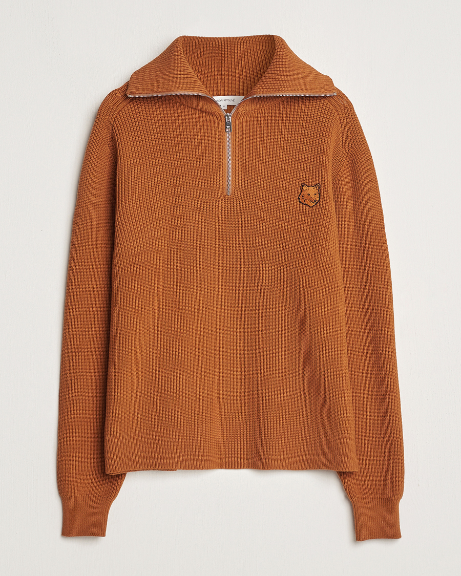 Men | Sweaters & Knitwear | Maison Kitsuné | Tonal Fox Head Ribbed Half Zip Tobacco