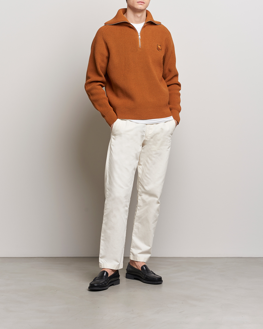 Men | Sweaters & Knitwear | Maison Kitsuné | Tonal Fox Head Ribbed Half Zip Tobacco
