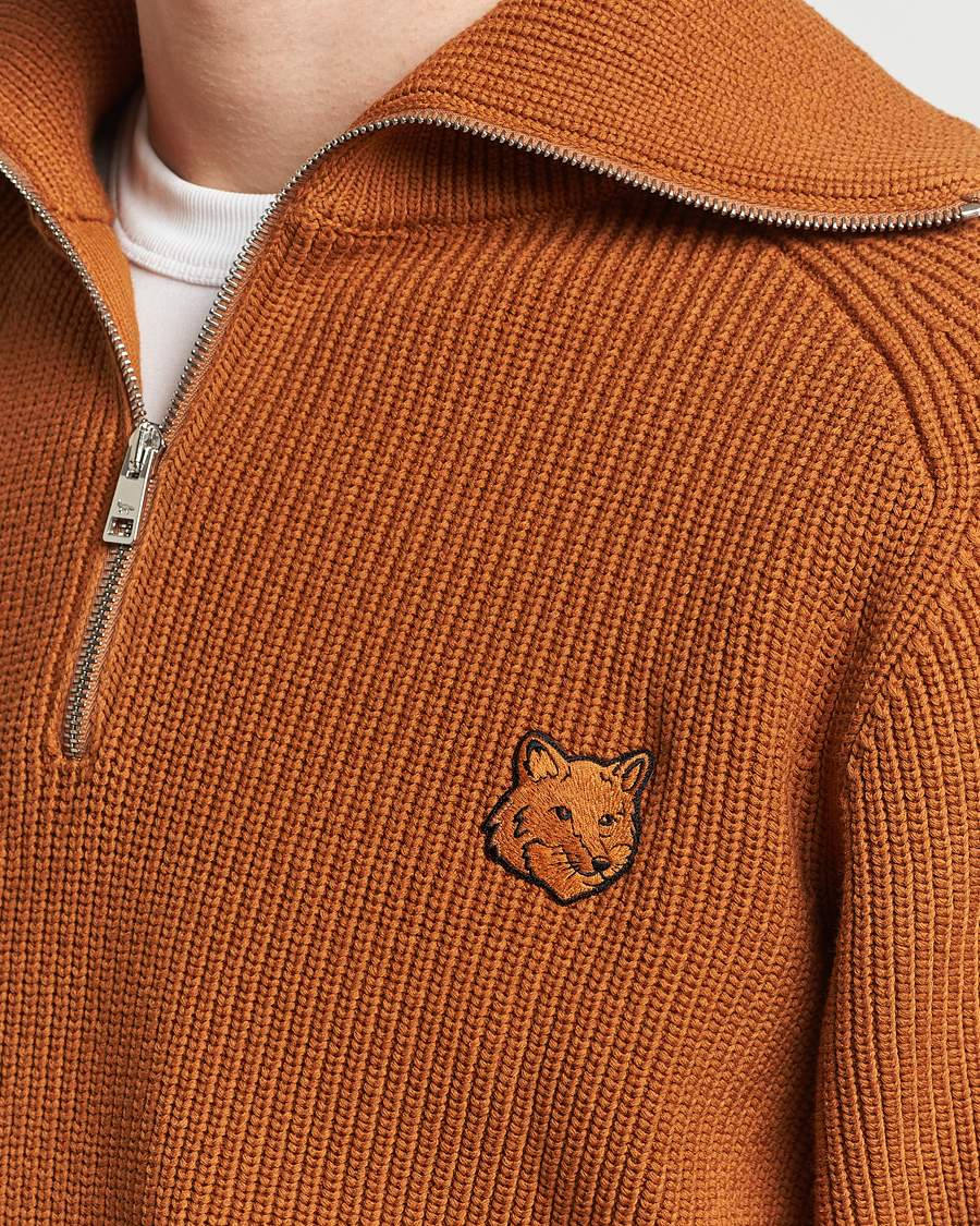 Men | Sweaters & Knitwear | Maison Kitsuné | Tonal Fox Head Ribbed Half Zip Tobacco