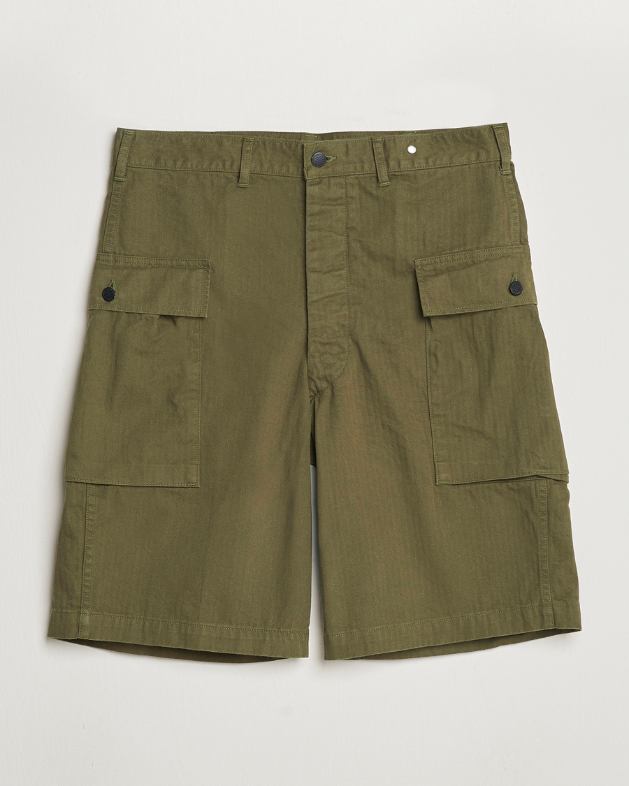Men | Shorts | orSlow | Herringbone Cotton Cargo Short Army Green