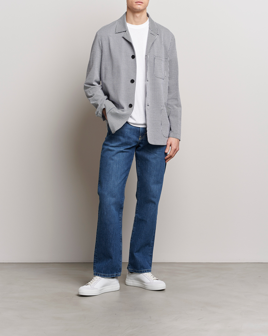 Men | Blazers | Harris Wharf London | Coolmax Striped Seersucker Drop Shoulder Blazer Blue/Cream
