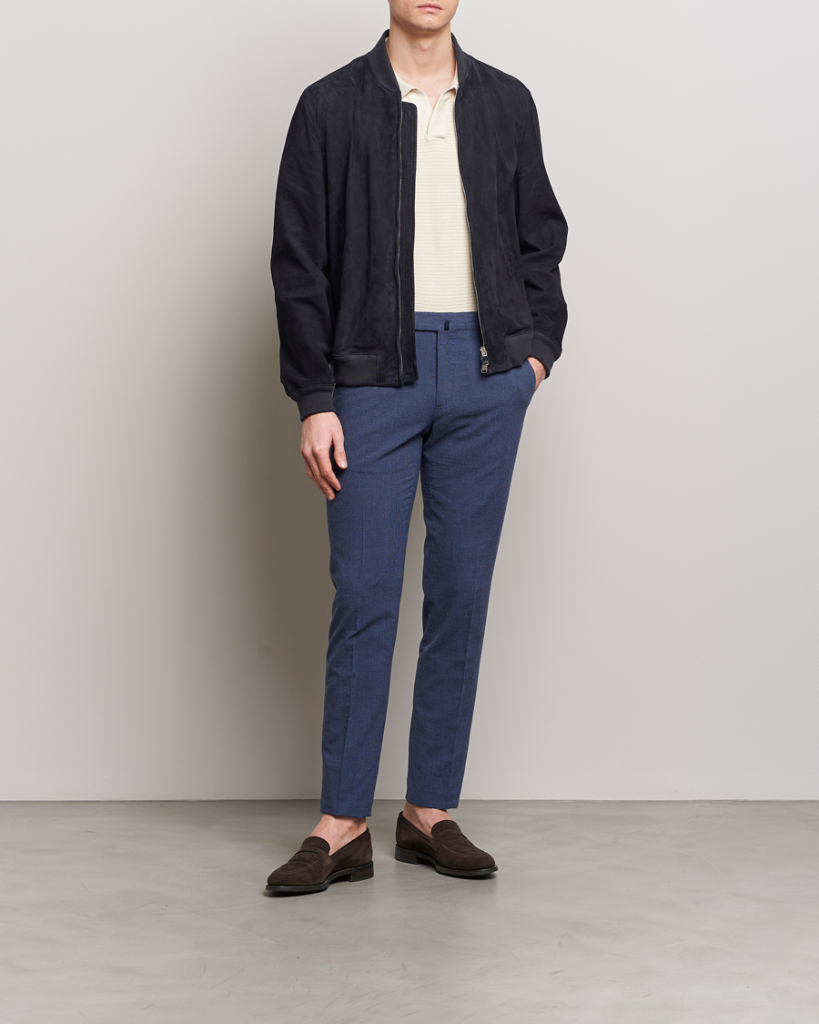 Men | Trousers | Incotex | Slim Fit Cotton/Linen Micro Houndstooth Trousers Dark Blue
