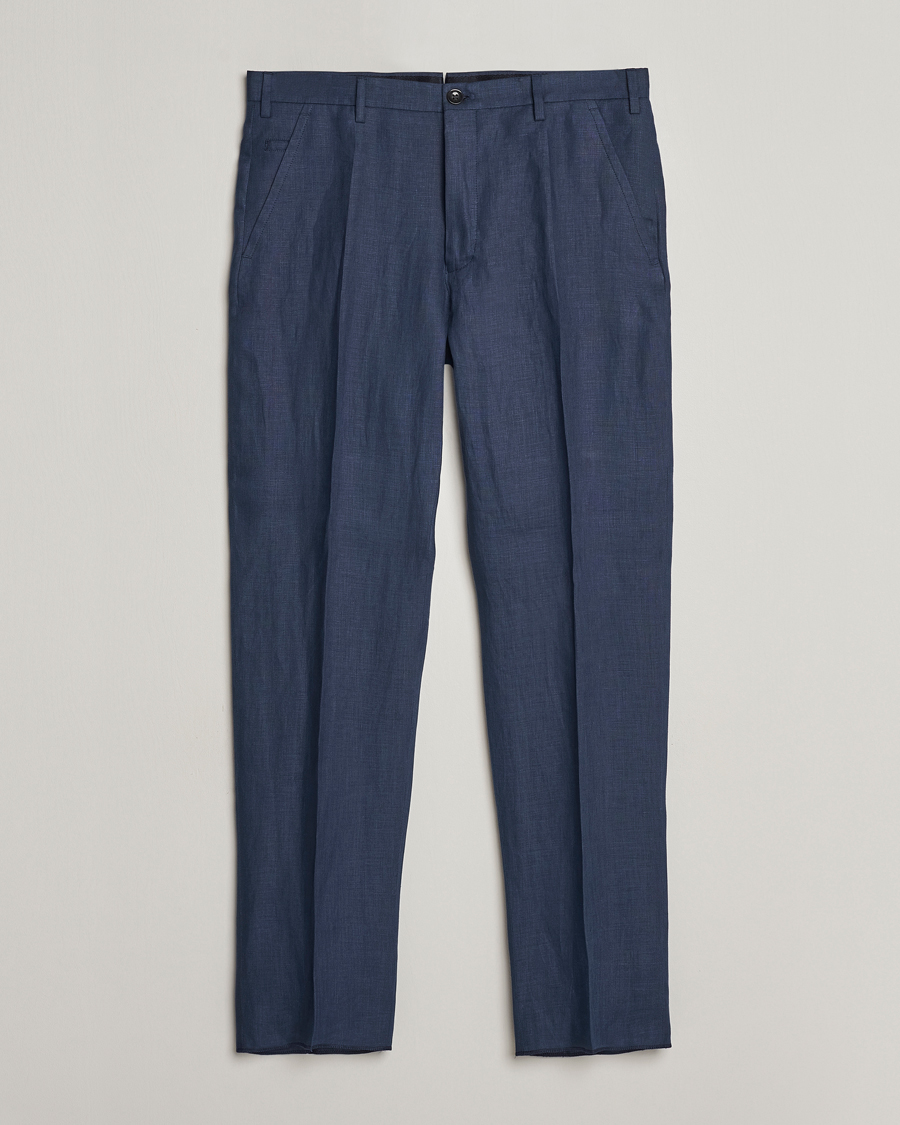 Men | Trousers | Incotex | Straight Fit Pure Linen Trousers Navy