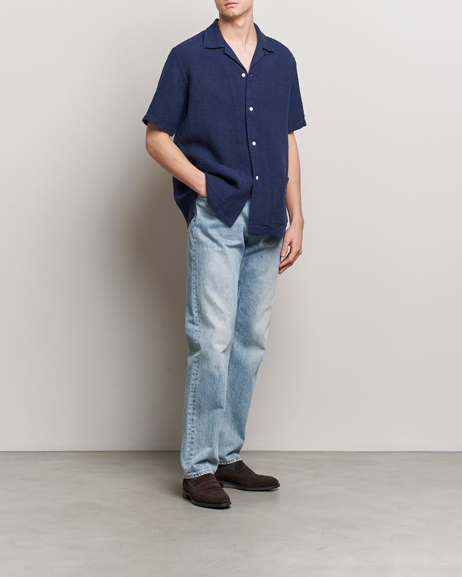 Men | Shirts | Kamakura Shirts | Heavy Linen Beach Shirt Navy