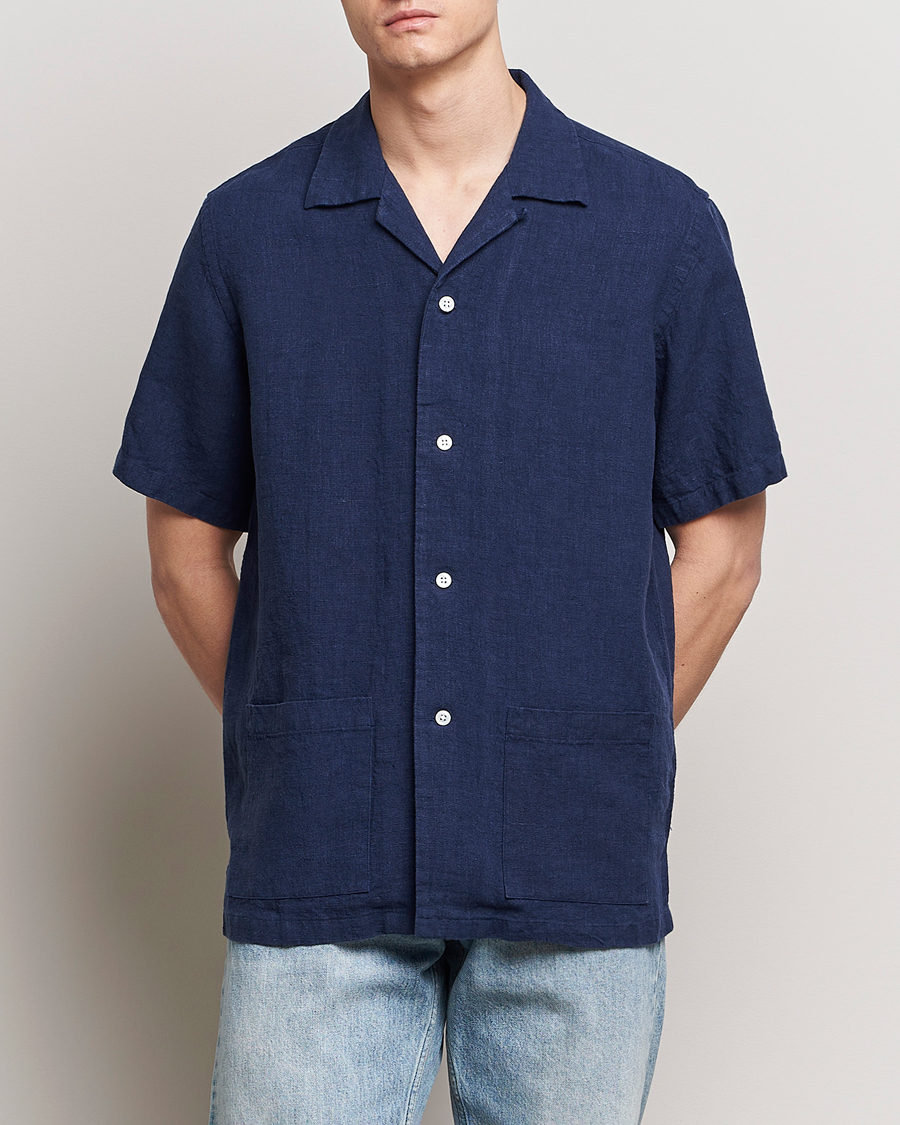 Men | Shirts | Kamakura Shirts | Heavy Linen Beach Shirt Navy