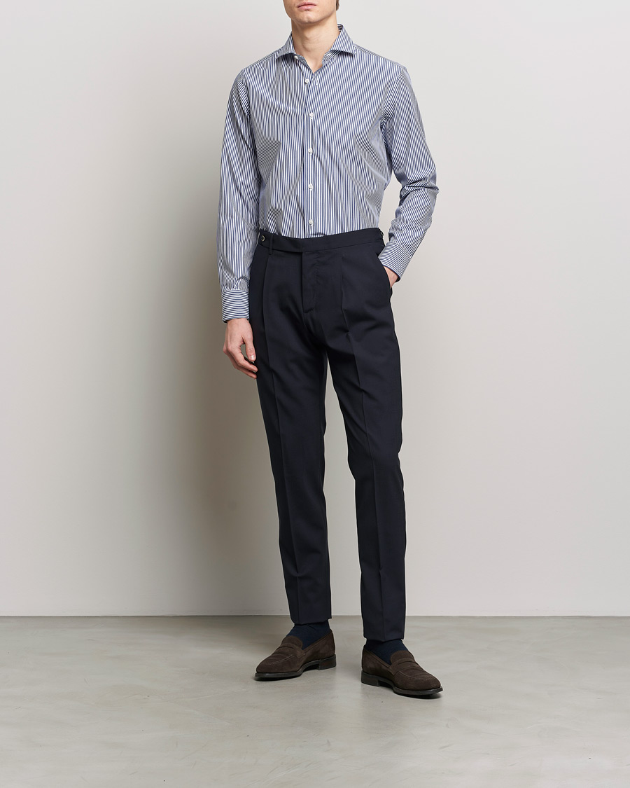 Men | Shirts | Grigio | Cotton Poplin Dress Shirt Blue Stripe