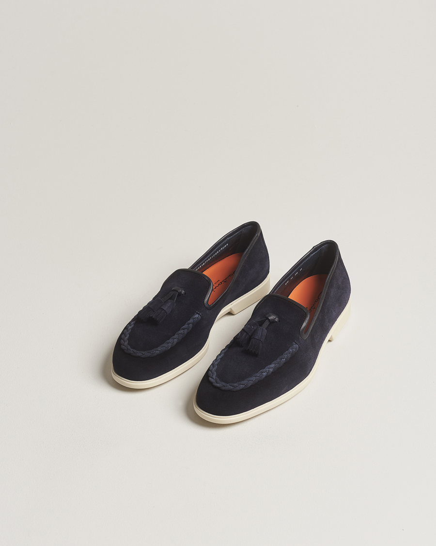 Men | Santoni Summer Tassel Loafers Navy Suede | Santoni | Summer Tassel Loafers Navy Suede
