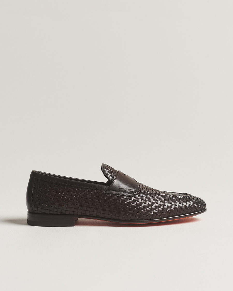 Men | Santoni Braided Penny Loafers Dark Brown Calf | Santoni | Braided Penny Loafers Dark Brown Calf