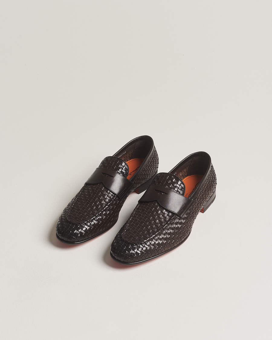 Men | Santoni Braided Penny Loafers Dark Brown Calf | Santoni | Braided Penny Loafers Dark Brown Calf