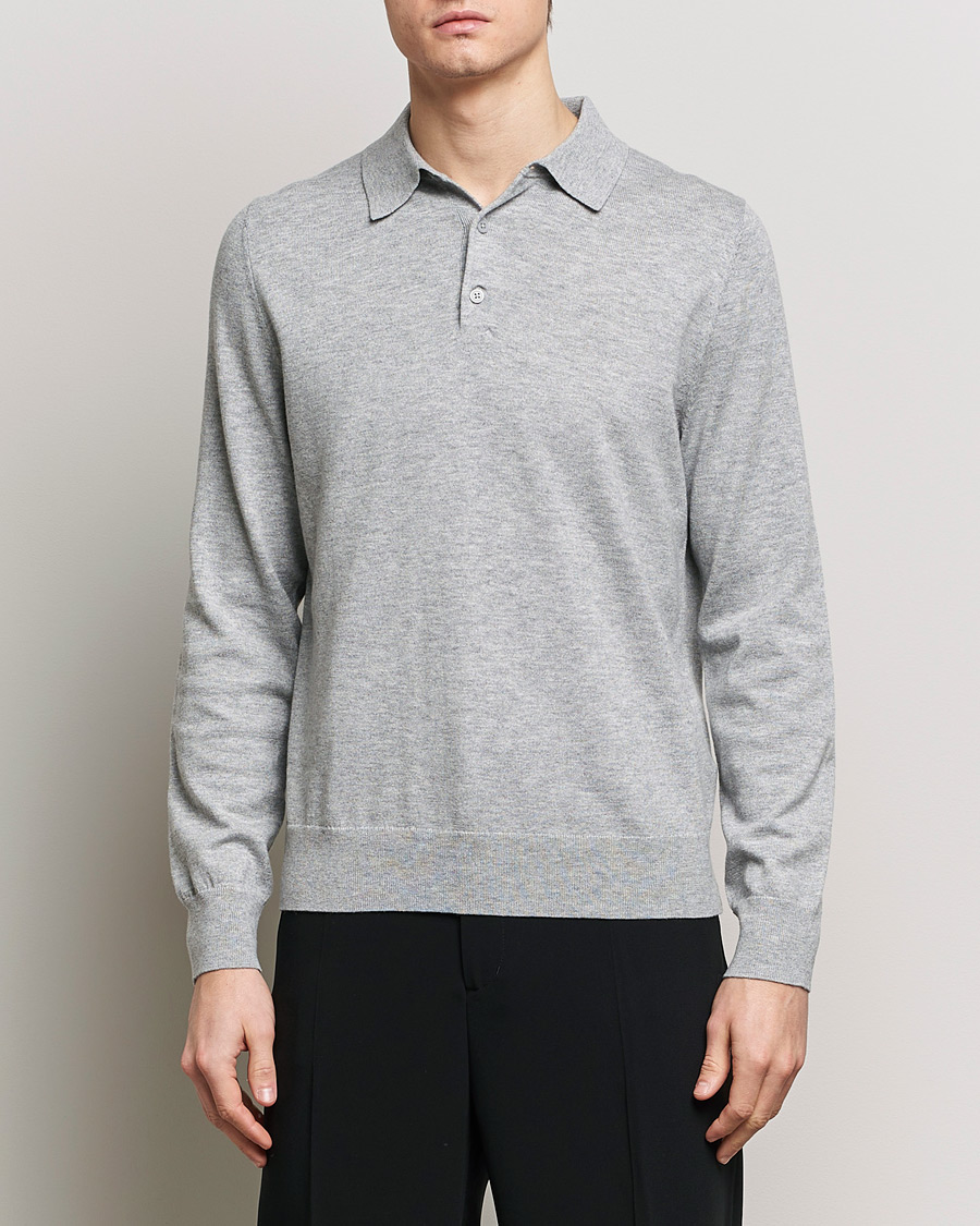 Men | Sweaters & Knitwear | Filippa K | Knitted Polo Shirt Light Grey Melange