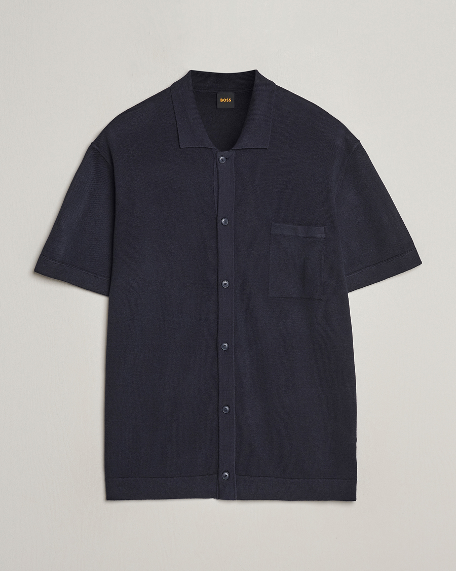 Men | Shirts | BOSS ORANGE | Kamiccio Knitted Short Sleeve Shirt Dark Blue
