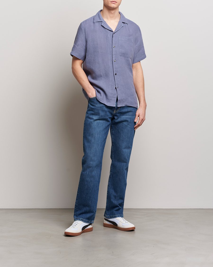 Men | Shirts | HUGO | Ellino Short Sleeve Linen Shirt Open Blue